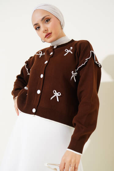 Fiyonklu Fırfırlı Kısa Triko Hırka Kahve - Hırka