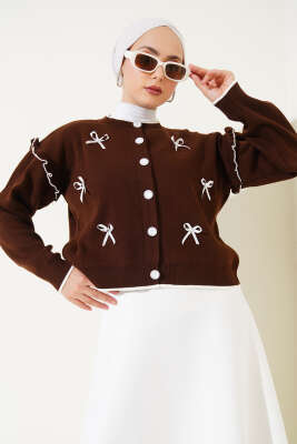 Fiyonklu Fırfırlı Kısa Triko Hırka Kahve - Triko Hırka