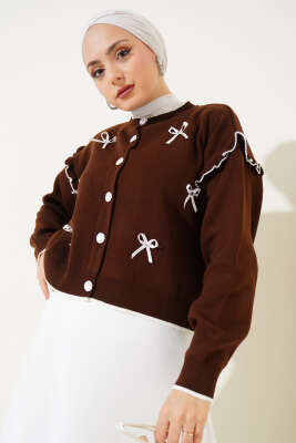 Fiyonklu Fırfırlı Kısa Triko Hırka Kahve - VAV TEKSTİL
