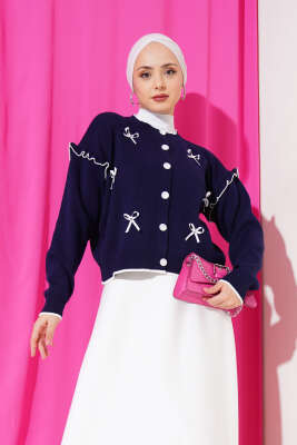 Fiyonklu Fırfırlı Kısa Triko Hırka Lacivert - Triko Hırka