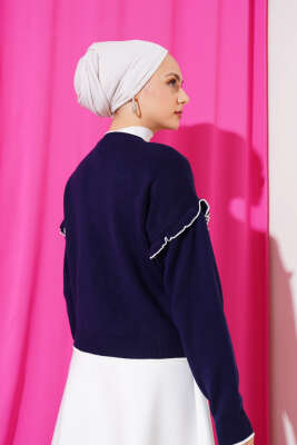 Fiyonklu Fırfırlı Kısa Triko Hırka Lacivert - Triko Hırka