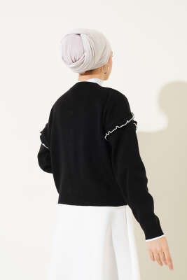 Fiyonklu Fırfırlı Kısa Triko Hırka Siyah - Triko Hırka