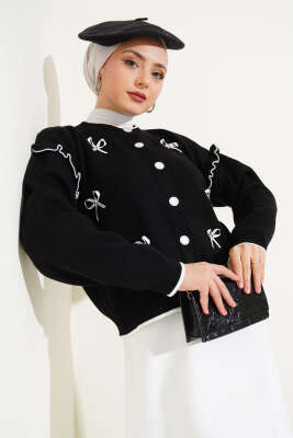 Fiyonklu Fırfırlı Kısa Triko Hırka Siyah - Triko Hırka