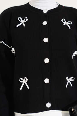 Fiyonklu Fırfırlı Kısa Triko Hırka Siyah - Triko Hırka