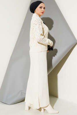 Fiyonklu Fitilli Triko Jile Elbise Takım Bej - Triko İkili Takım