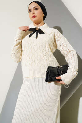 Fiyonklu Fitilli Triko Jile Elbise Takım Bej - Triko İkili Takım