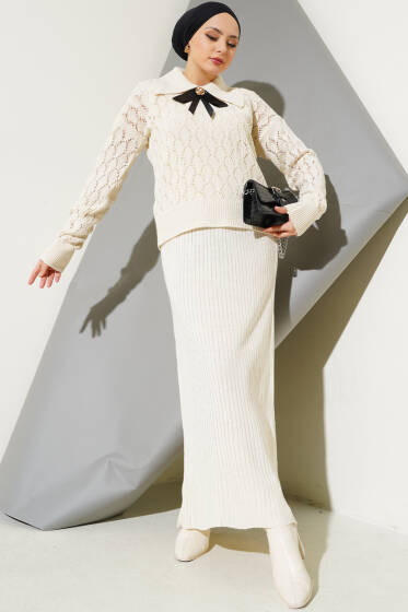 Fiyonklu Fitilli Triko Jile Elbise Takım Bej - Triko