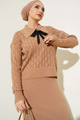 Fiyonklu Fitilli Triko Jile Elbise Takım Bisküvi - Triko İkili Takım