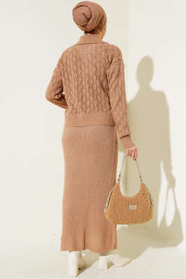 Fiyonklu Fitilli Triko Jile Elbise Takım Bisküvi - Triko İkili Takım