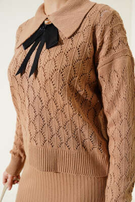 Fiyonklu Fitilli Triko Jile Elbise Takım Bisküvi - Triko İkili Takım