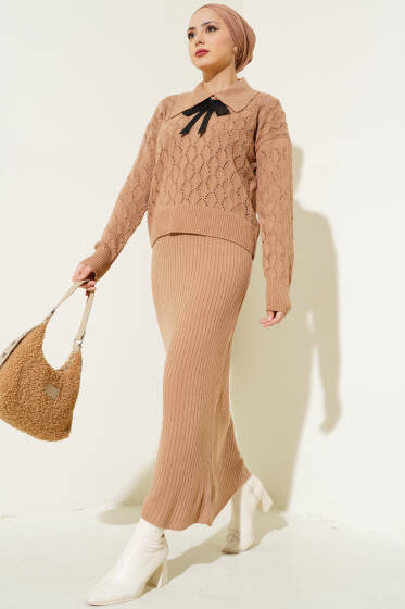 Fiyonklu Fitilli Triko Jile Elbise Takım Bisküvi - Triko
