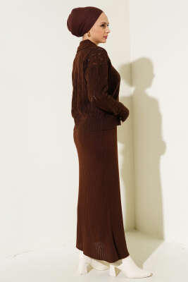 Fiyonklu Fitilli Triko Jile Elbise Takım Kahve - Triko İkili Takım