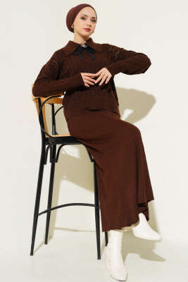 Fiyonklu Fitilli Triko Jile Elbise Takım Kahve - Triko İkili Takım