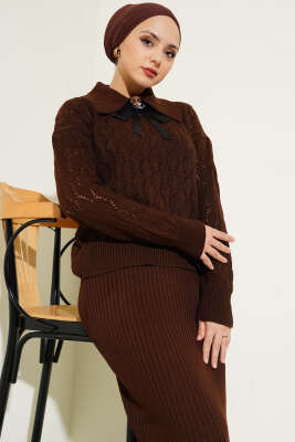 Fiyonklu Fitilli Triko Jile Elbise Takım Kahve - Triko İkili Takım