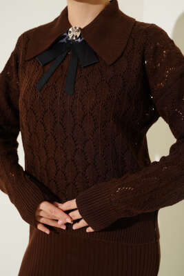 Fiyonklu Fitilli Triko Jile Elbise Takım Kahve - Triko İkili Takım