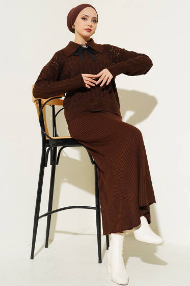 Fiyonklu Fitilli Triko Jile Elbise Takım Kahve - Triko