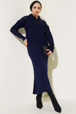 Fiyonklu Fitilli Triko Jile Elbise Takım Lacivert 