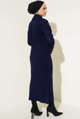 Fiyonklu Fitilli Triko Jile Elbise Takım Lacivert - Triko İkili Takım