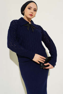 Fiyonklu Fitilli Triko Jile Elbise Takım Lacivert - Triko İkili Takım