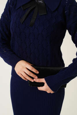 Fiyonklu Fitilli Triko Jile Elbise Takım Lacivert - Triko İkili Takım