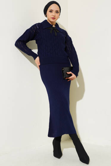 Fiyonklu Fitilli Triko Jile Elbise Takım Lacivert - Triko