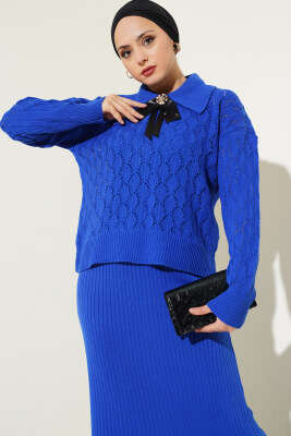 Fiyonklu Fitilli Triko Jile Elbise Takım Saks - Triko İkili Takım