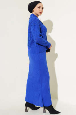 Fiyonklu Fitilli Triko Jile Elbise Takım Saks - Triko İkili Takım