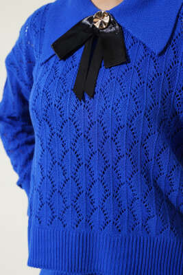 Fiyonklu Fitilli Triko Jile Elbise Takım Saks - Triko İkili Takım