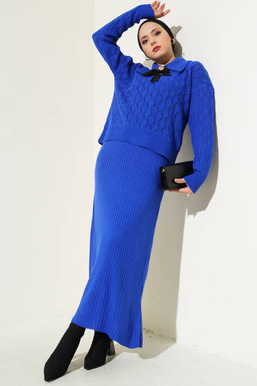 Fiyonklu Fitilli Triko Jile Elbise Takım Saks - Triko