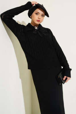 Fiyonklu Fitilli Triko Jile Elbise Takım Siyah - Triko İkili Takım