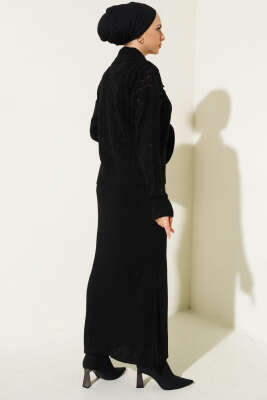 Fiyonklu Fitilli Triko Jile Elbise Takım Siyah - Triko İkili Takım