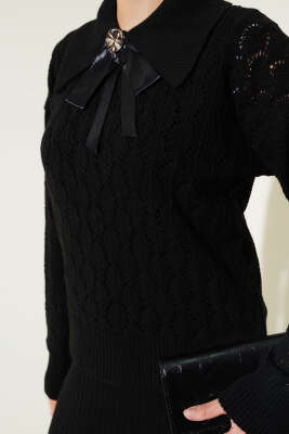 Fiyonklu Fitilli Triko Jile Elbise Takım Siyah - Triko İkili Takım