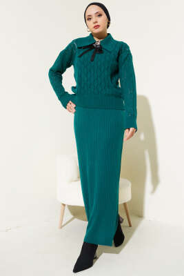 Fiyonklu Fitilli Triko Jile Elbise Takım Zümrüt - Triko İkili Takım