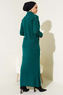 Fiyonklu Fitilli Triko Jile Elbise Takım Zümrüt - Triko İkili Takım