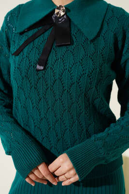 Fiyonklu Fitilli Triko Jile Elbise Takım Zümrüt - Triko İkili Takım