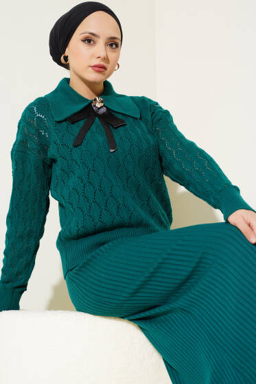 Fiyonklu Fitilli Triko Jile Elbise Takım Zümrüt - Triko