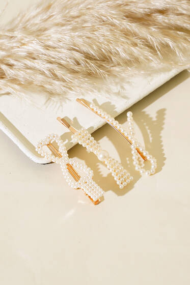 Fiyonklu İncili Toka Set Gold - Toka