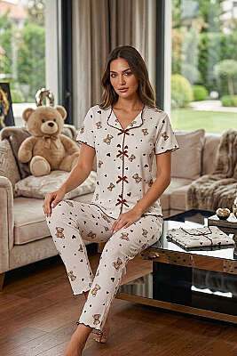 Fiyonklu Kalp Baskılı Kısa Kollu Pijama Takımı Bej 