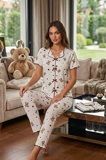 Fiyonklu Kalp Baskılı Kısa Kollu Pijama Takımı Bej - Pijama