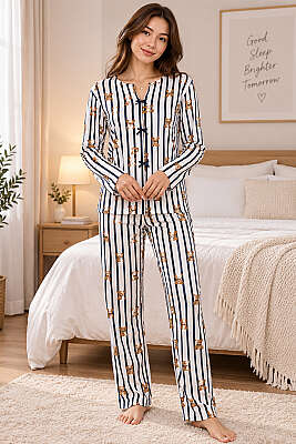 Fiyonklu Karışık Desenli Pijama Takımı Asorti 1 - HEPYEK BASIC