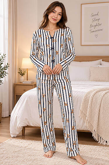 Fiyonklu Karışık Desenli Pijama Takımı Asorti 1 - Pijama