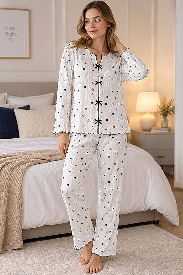 Fiyonklu Karışık Desenli Pijama Takımı Asorti 9 - Pijama
