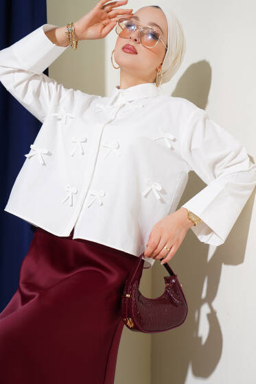 Fiyonklu Kısa Gömlek Beyaz - Gömlek