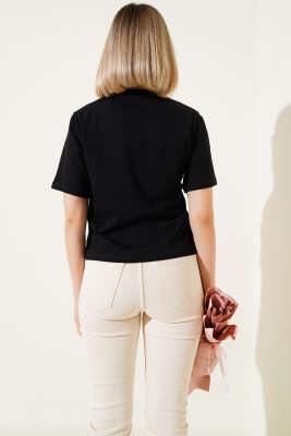 Fiyonklu Kısa T-shirt Siyah - Kadın Giyim Modelleri