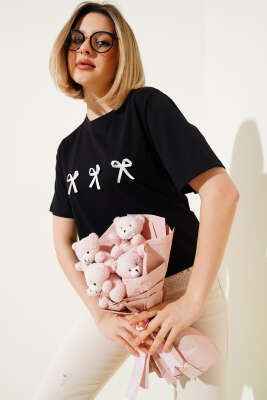 Fiyonklu Kısa T-shirt Siyah