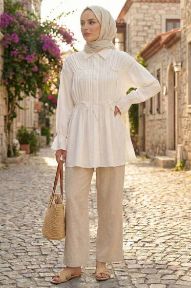 Fiyonklu Lastikli Gömlek Ekru - Gömlek