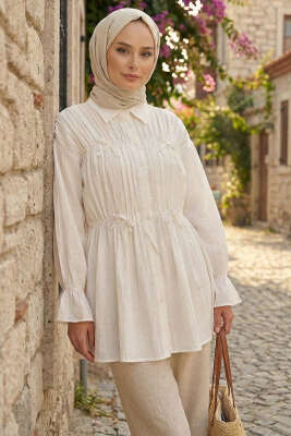 Fiyonklu Lastikli Gömlek Ekru - Gömlek