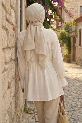 Fiyonklu Lastikli Gömlek Ekru - Gömlek