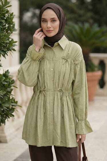 Fiyonklu Lastikli Gömlek Haki - Gömlek