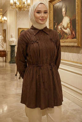 Fiyonklu Lastikli Gömlek Kahve - NEVA MODA